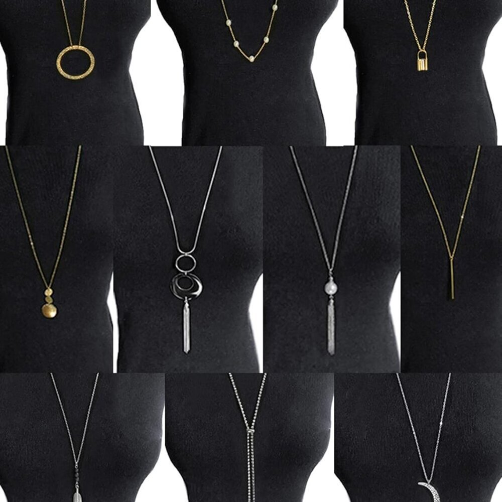 10Pcs Long Pendant Necklace Simple Moon Bar Three Triangle Tassel Lock Sweater Y